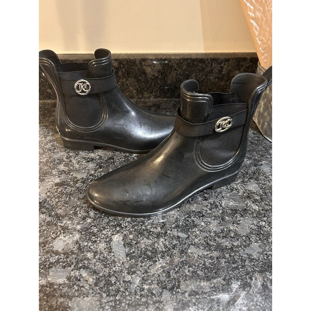 Juicy Couture Black Rain Boots Rubber Women's Ankle Black Size 7 Goth Witchy Y2K